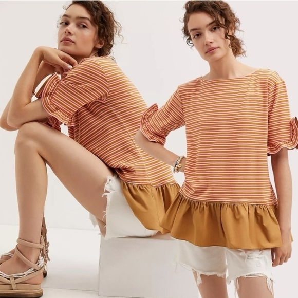 MAEVE By Anthropologie Striped Ruffle Hem Top - Stripe 19 PTP - Picture 1 of 5